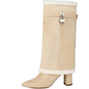 Women's Apricot Pull On Mid Calf Pointed Toe Chunky Heel Fur Collar Winter Boots